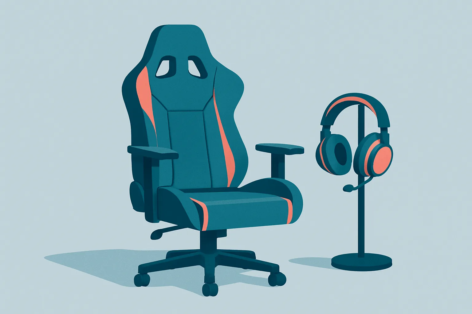 Setup di gioco moderno con poltrona e cuffie